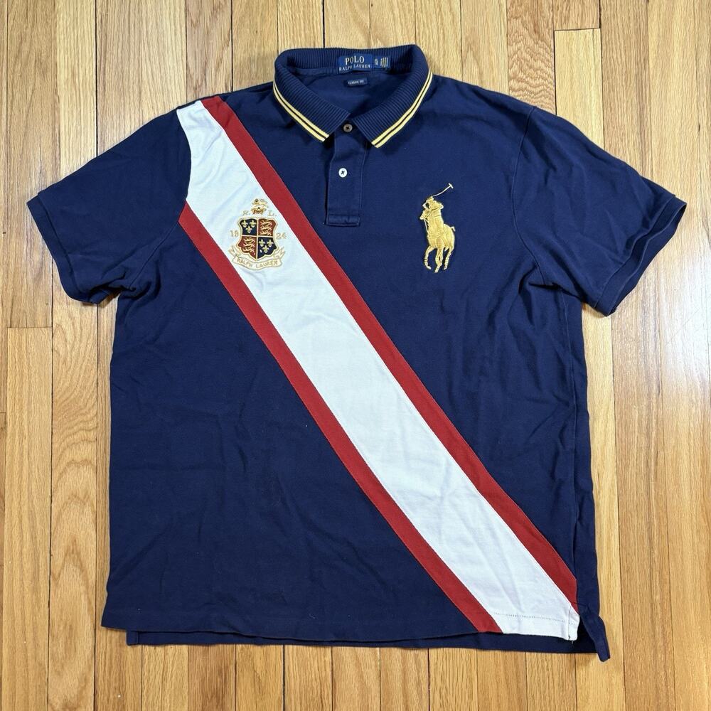 Polo Ralph Lauren Men’s XL Gold Big Pony Crest Polo Shirt Blue Red & White